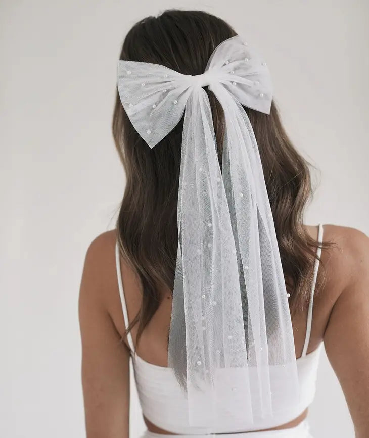 White Tulle And Pearl Bow Hair Clip