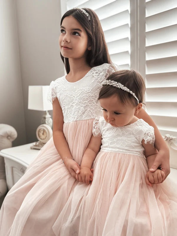 Celeste Girls White & Peach Lace & Tulle Dress | A Little Lacey | Honey  Fawn Boutique