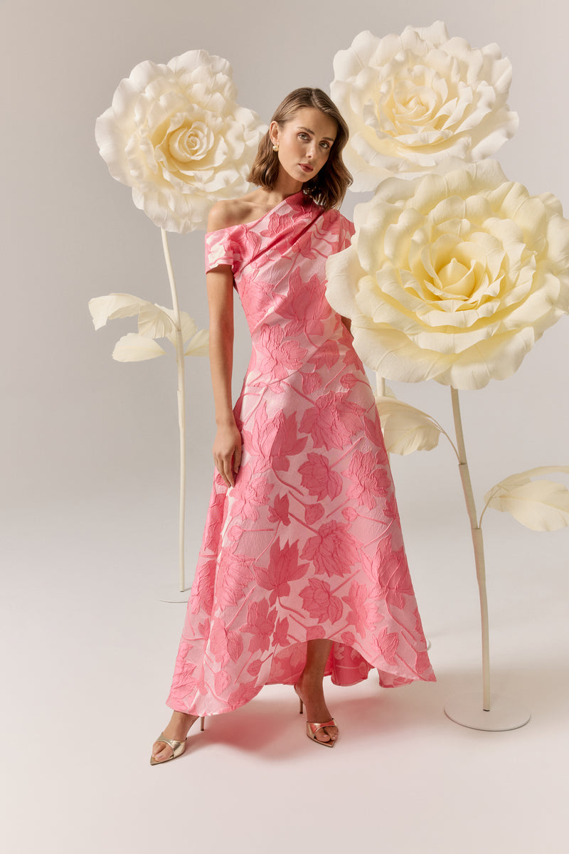 Elliatt Dionne asymmetrical maxi gown in flowing fabric, featuring a stylish design and elegant silhouette.