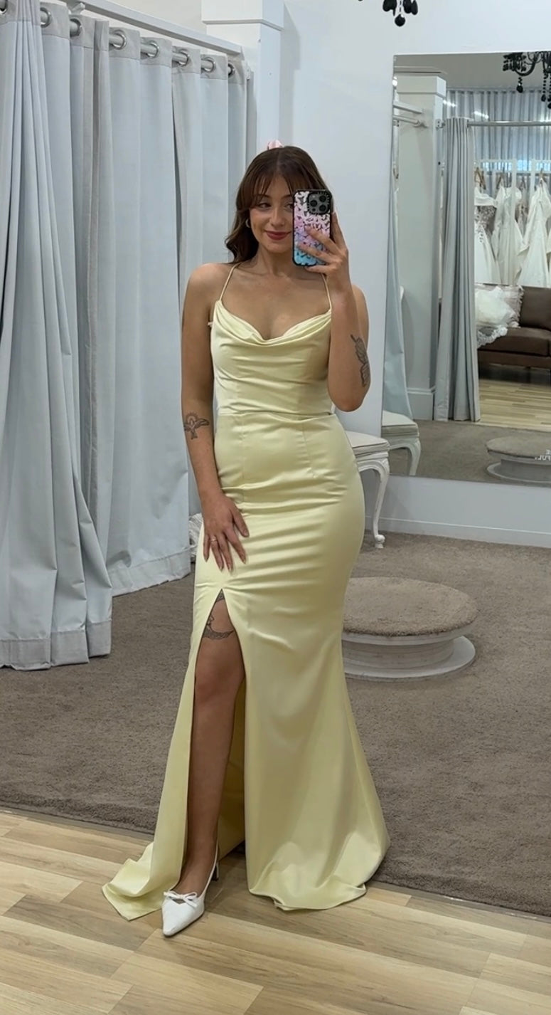 Stephanie Cowl Draped Satin Gown Lemon - Dress - Bariano