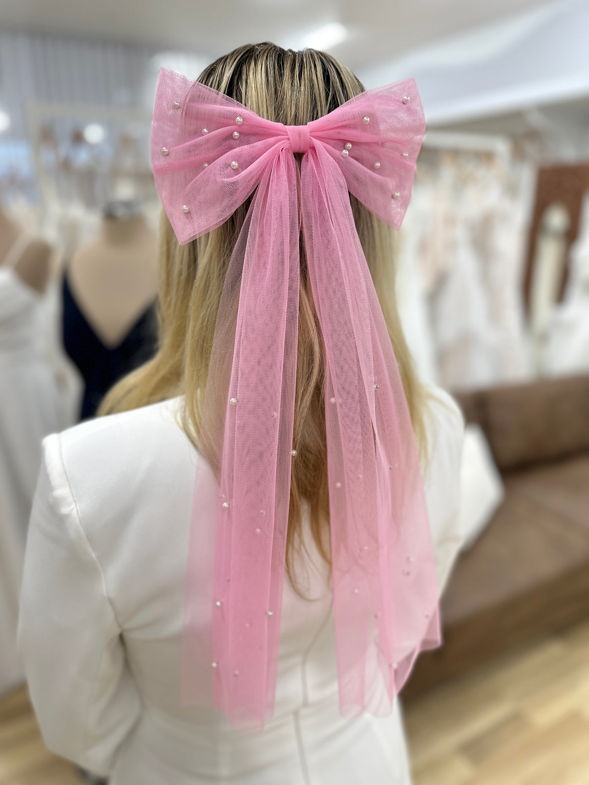 Pink Tulle And Pearl Bow Hair Clip