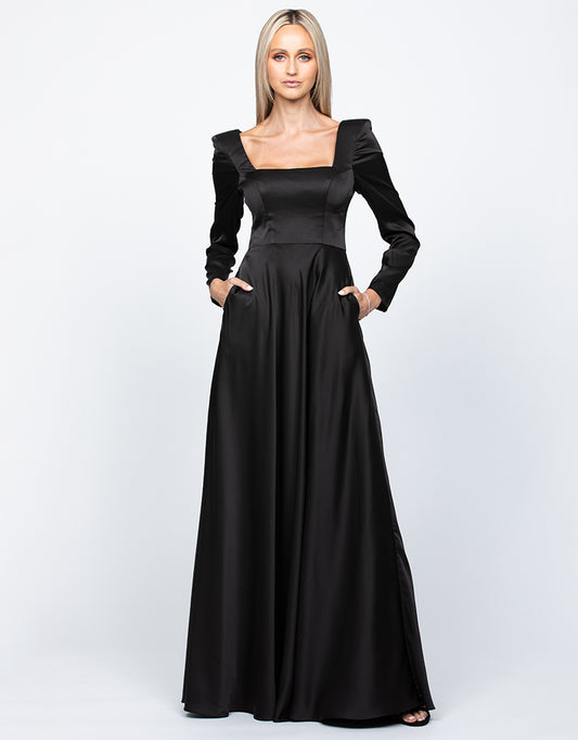 Charmaine Square Neck Long Sleeve Gown Black