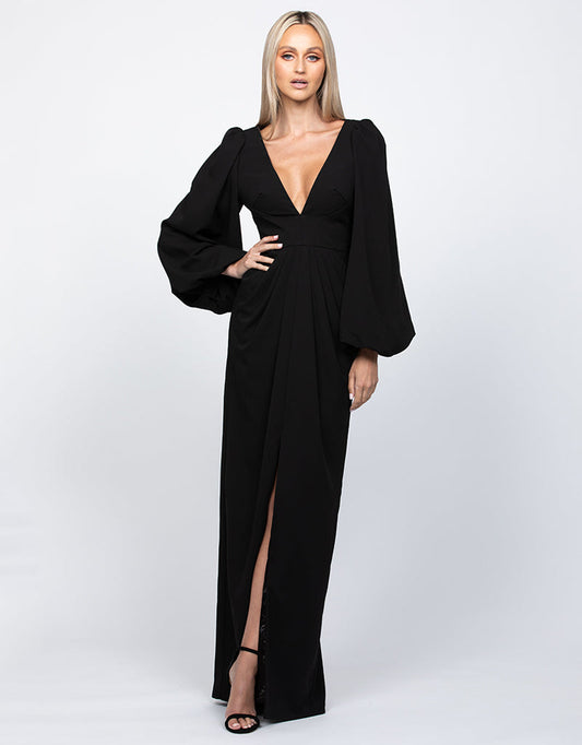 Candace Blouson Sleeve Plunge Gown Black