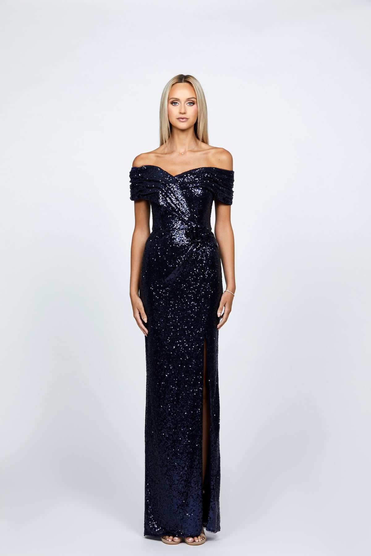 Evanie Draped Off Shoulder Sequin Gown - Honey Fawn Boutique