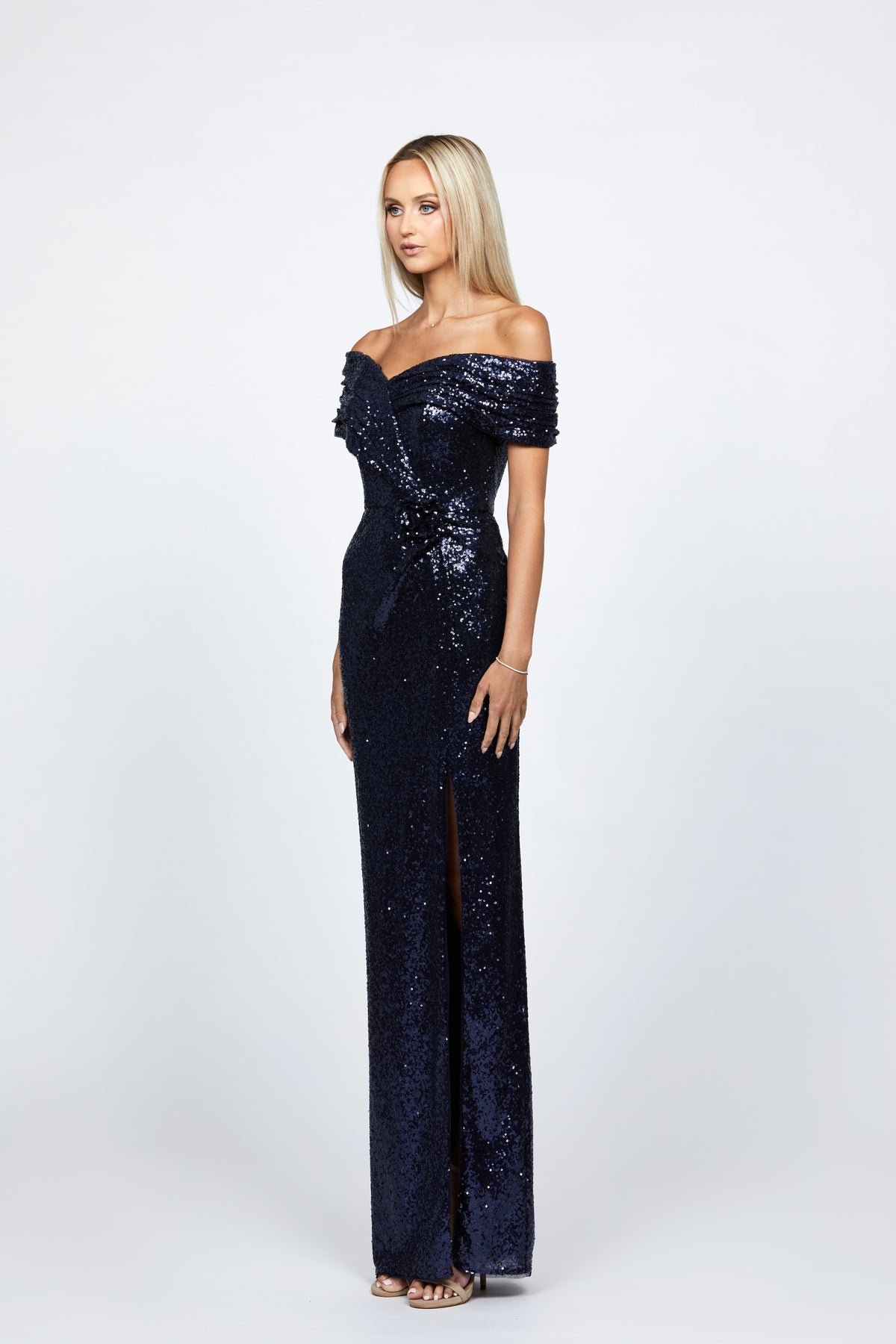 Evanie Draped Off Shoulder Sequin Gown - Honey Fawn Boutique