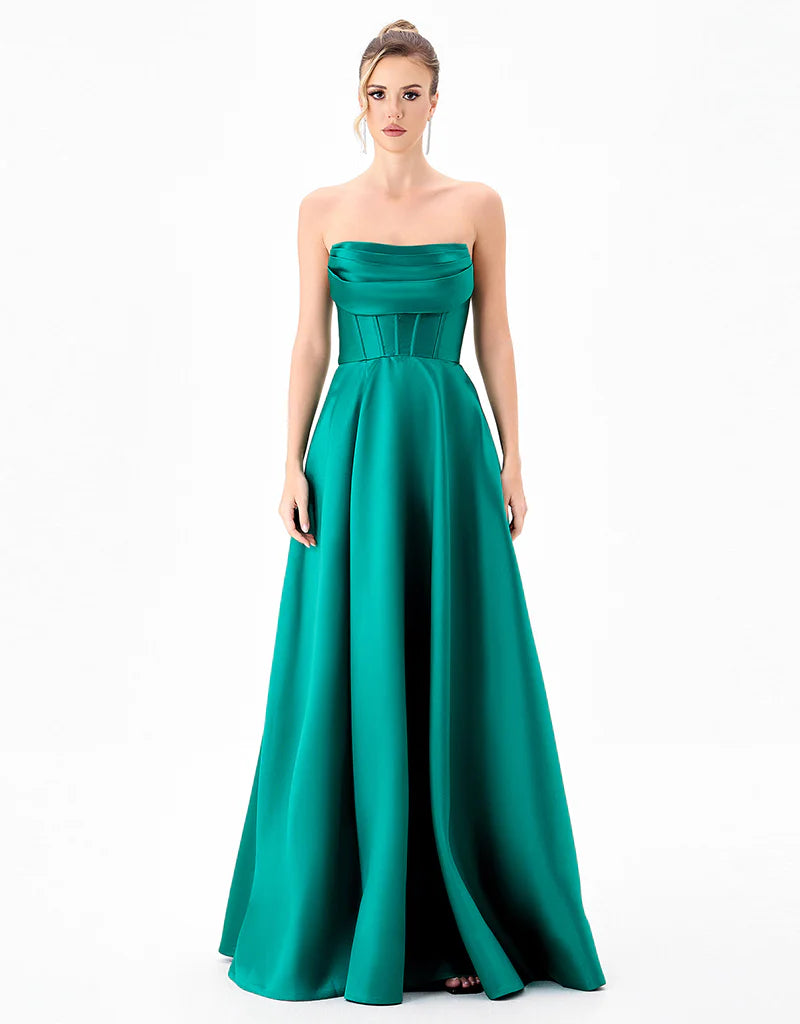Elegant strapless Bariano Virginia corset gown with fitted bodice and flowing skirt, perfect for formal occasions.
