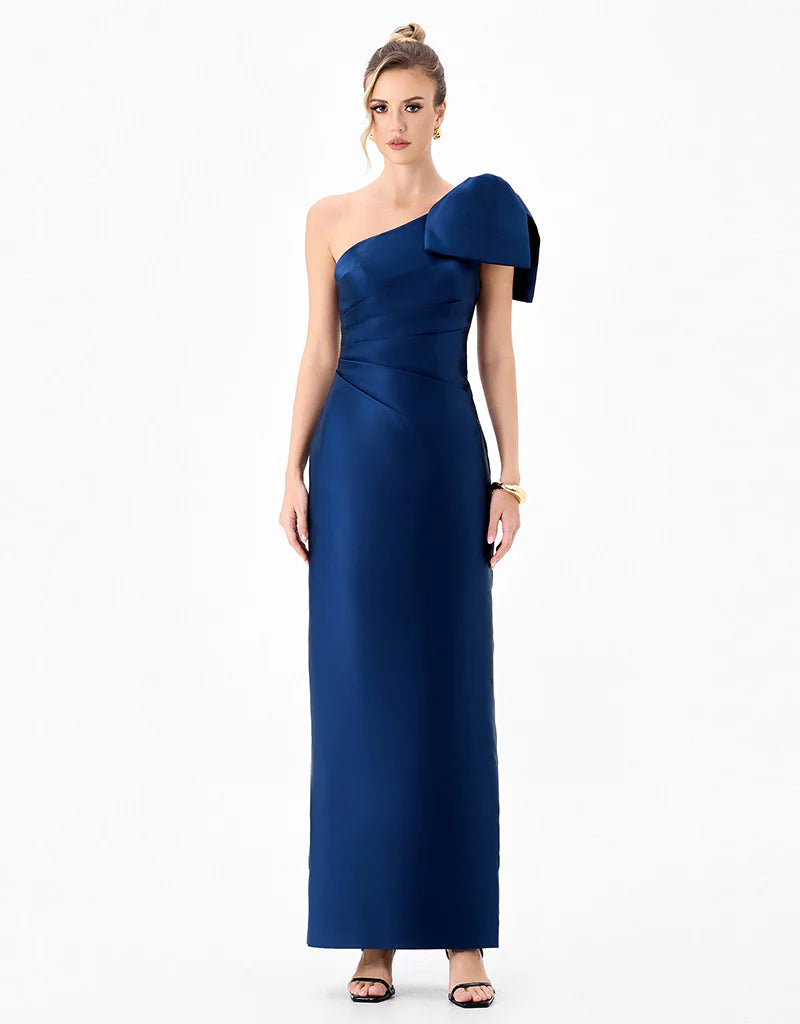 Bariano Aramy one-shoulder bow gown, elegant evening dress with fitted bodice and flowing skirt, stylish formal wear.