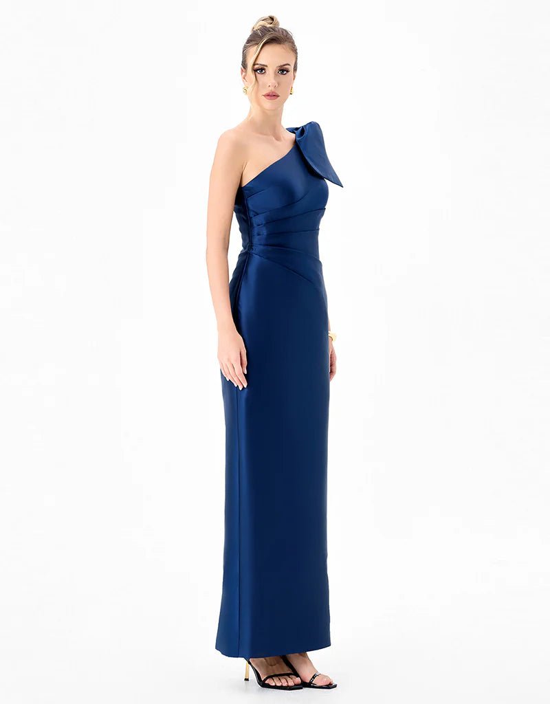 Bariano Aramy one-shoulder bow gown, elegant dress with a stylish bow detail on the shoulder, perfect for formal occasions.