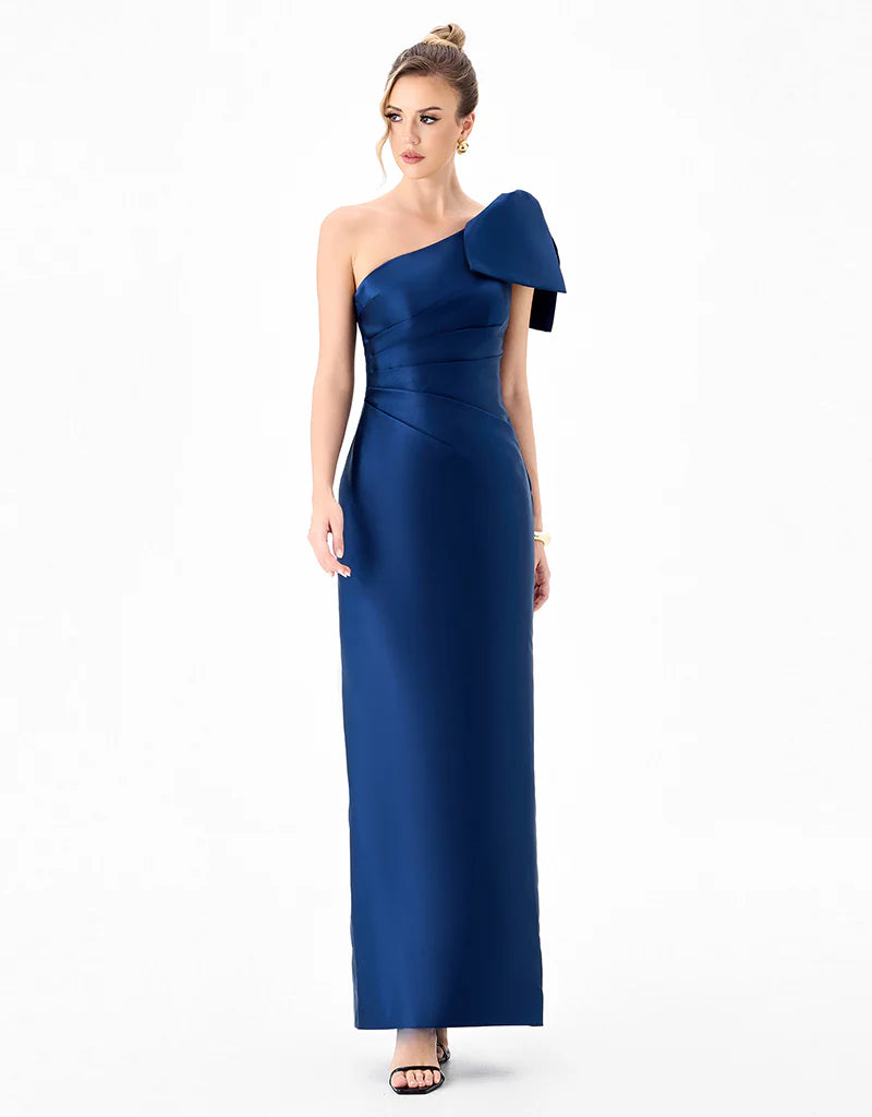 Bariano Aramy one-shoulder bow gown showing elegant design with a prominent bow detail on a formal dress.