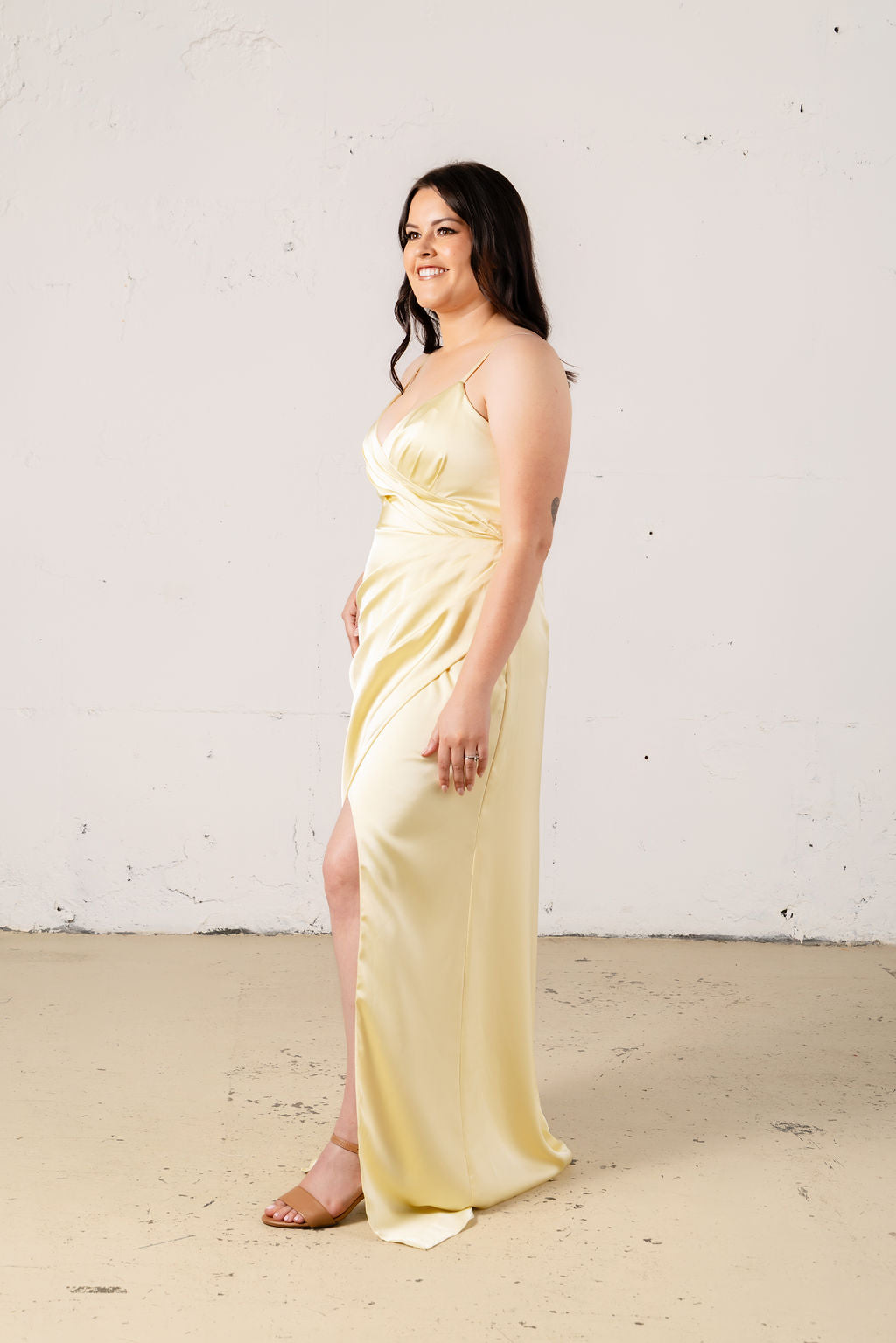 rory satin dress Revelry Rory Satin Fitted V Neck Maxi Bridesmaid Dress 4 Cinnamon Rose