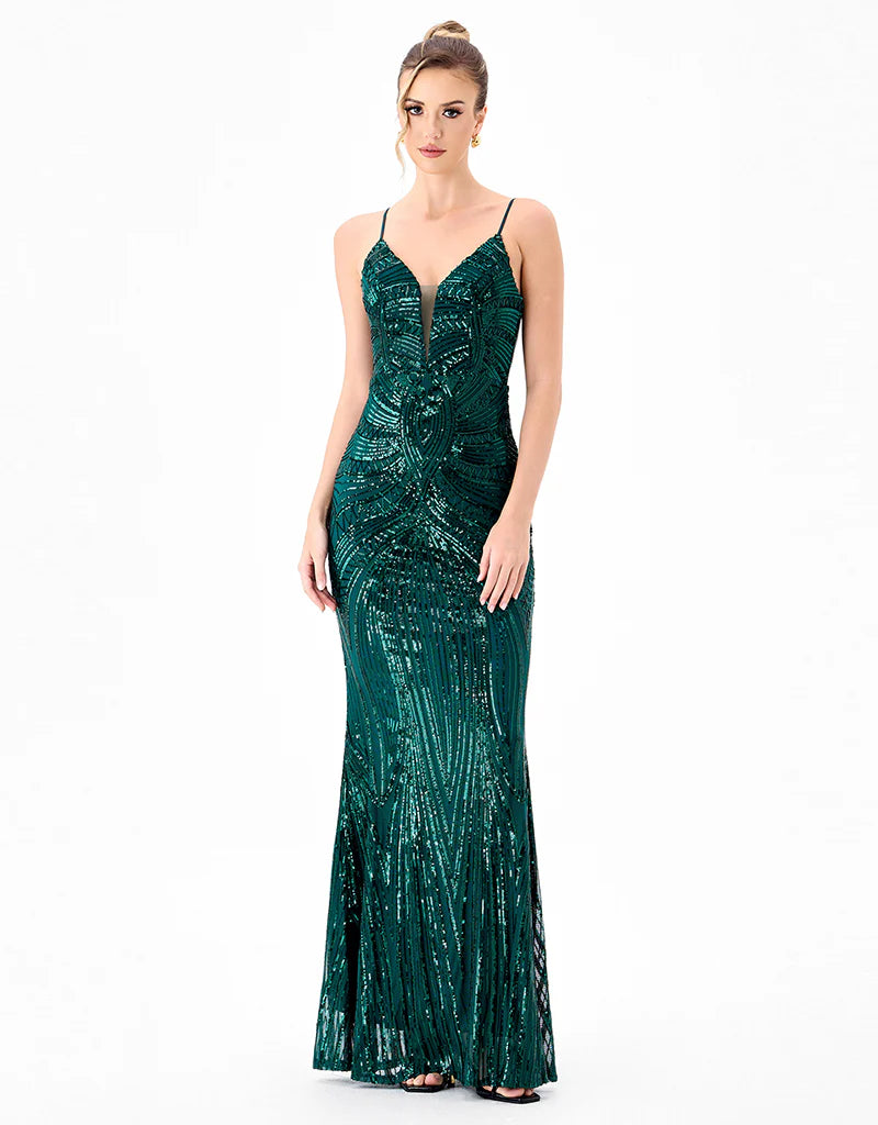 Bariano Hanami Pattern Sequin Maxi Dress with intricate floral design and shimmering sequins, full-length evening gown.