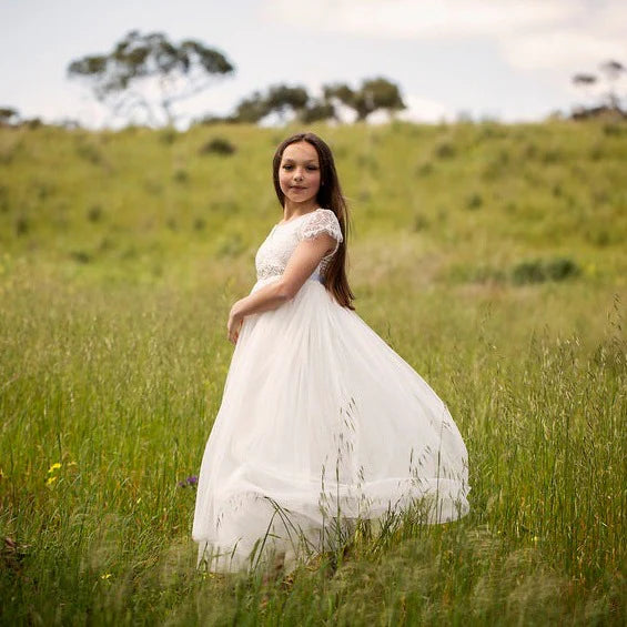 Celeste Girls White Lace & Tulle Dress - Flower Girl Dress - A Little Lacey