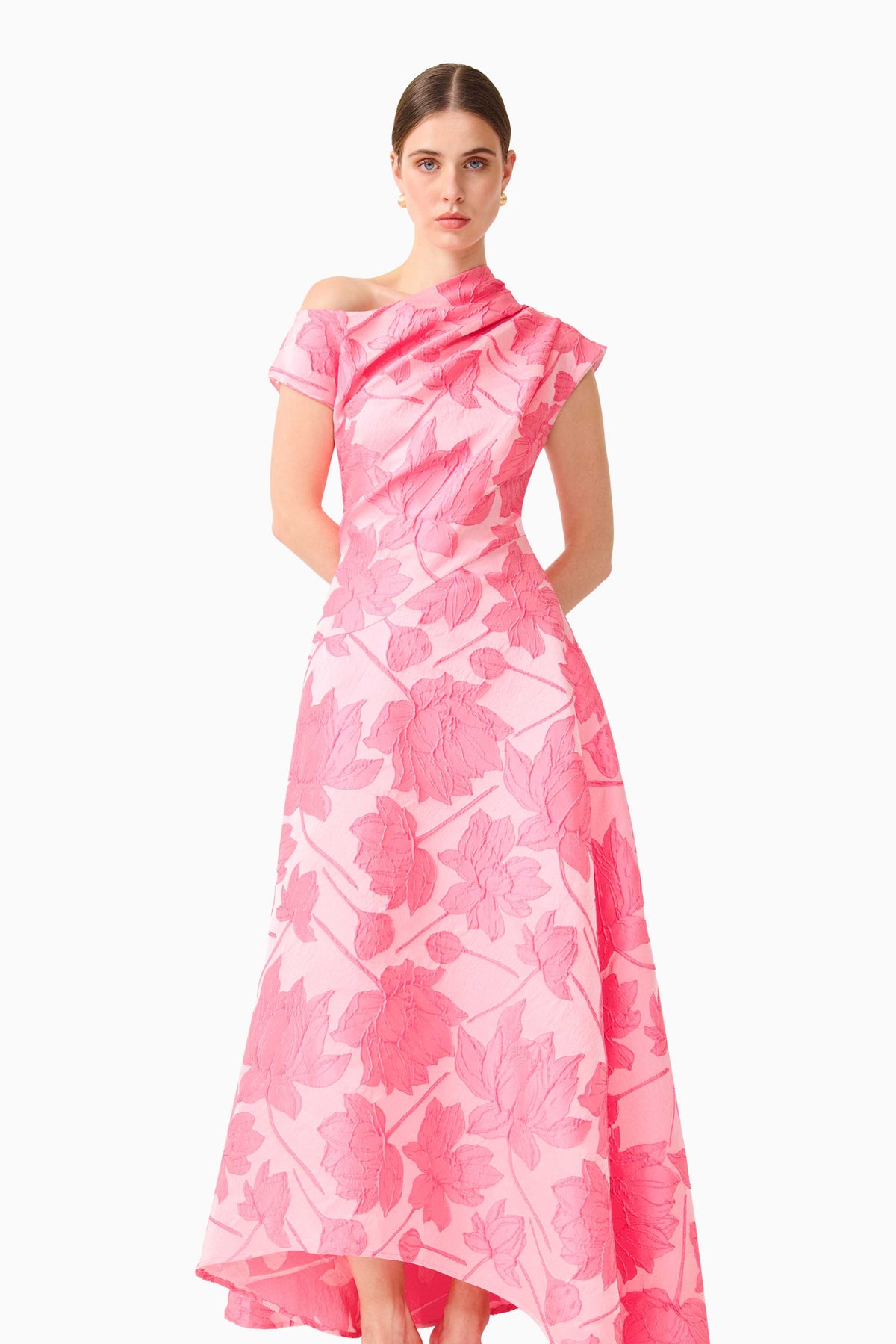 Pink Elliatt Dionne asymmetrical maxi gown featuring flowing fabric and elegant design, perfect for formal occasions.