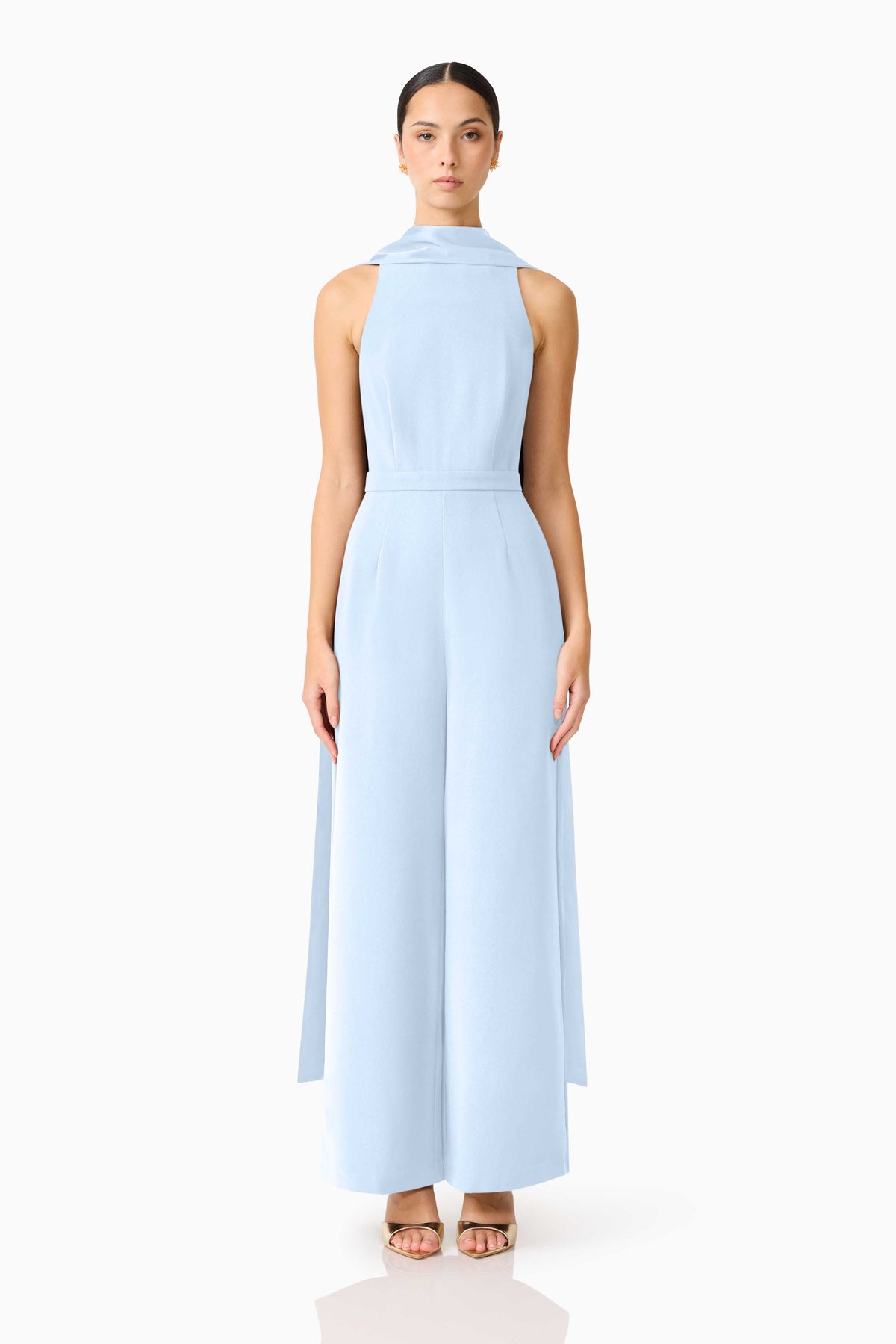 Blue Elliatt Anaya wide-leg jumpsuit dress with flowing fabric and sleeveless design, stylishly displayed on a hanger.