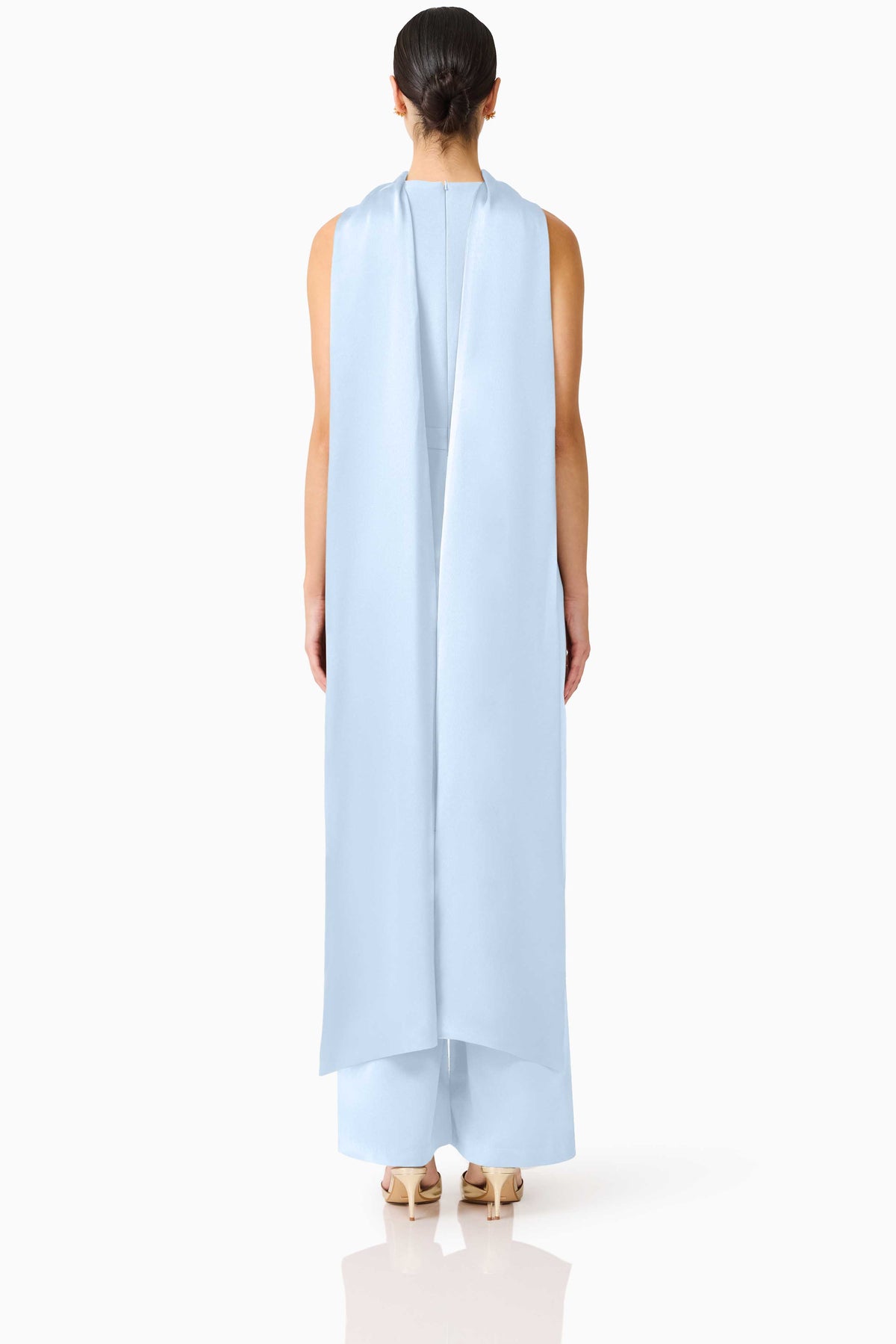 Blue Elliatt Anaya wide-leg jumpsuit dress with flowing fabric and sleeveless design, styled for a chic, relaxed look.