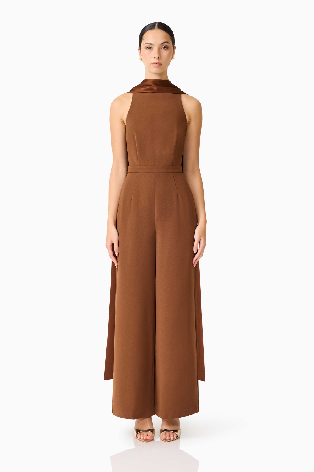 Elliatt Anaya wide-leg mocha brown jumpsuit dress with a relaxed fit and flowing fabric, stylish and comfortable for casual wear.