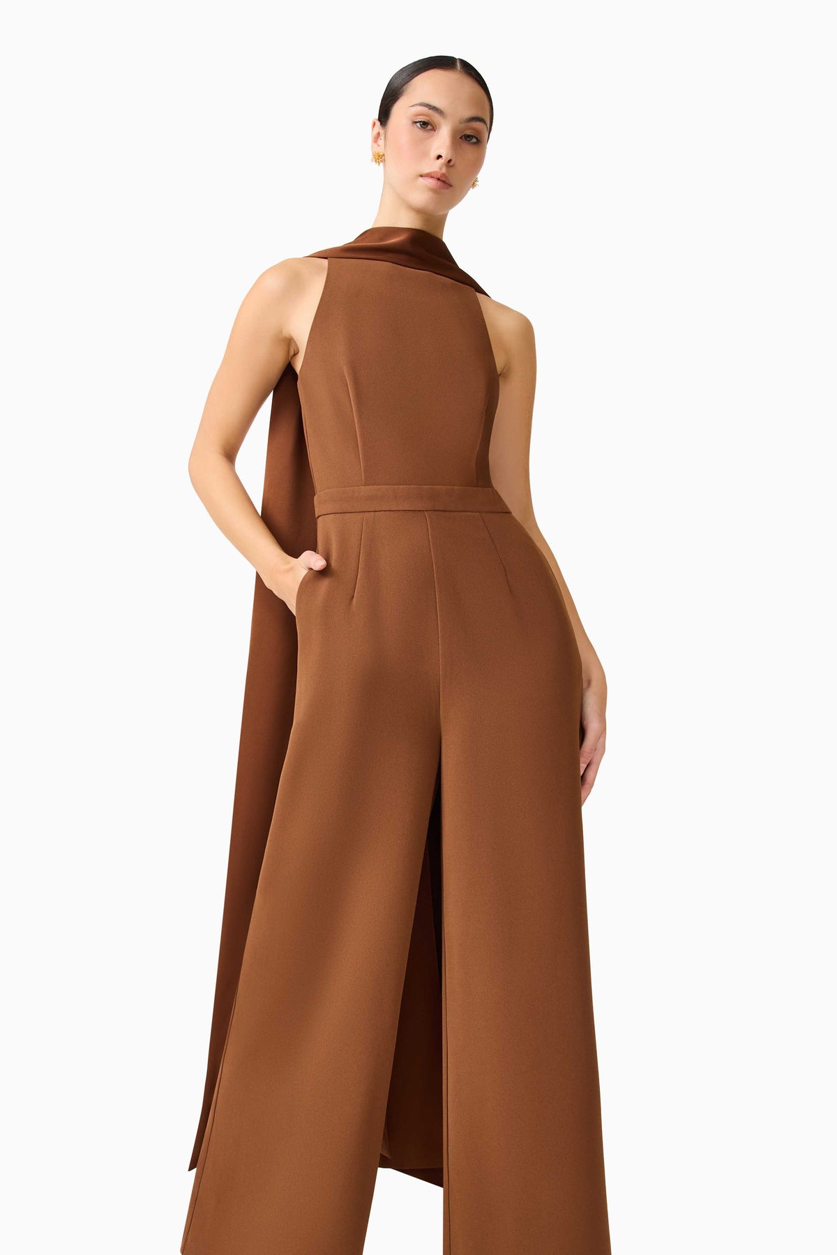 Elliatt Anaya wide-leg mocha brown jumpsuit dress with soft fabric and relaxed fit, displayed on a plain background.