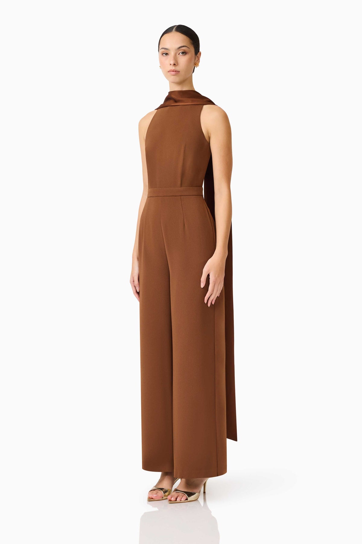 Elliatt Anaya wide-leg mocha brown jumpsuit, stylish dress with a relaxed fit and ruffled details, shown on a model.