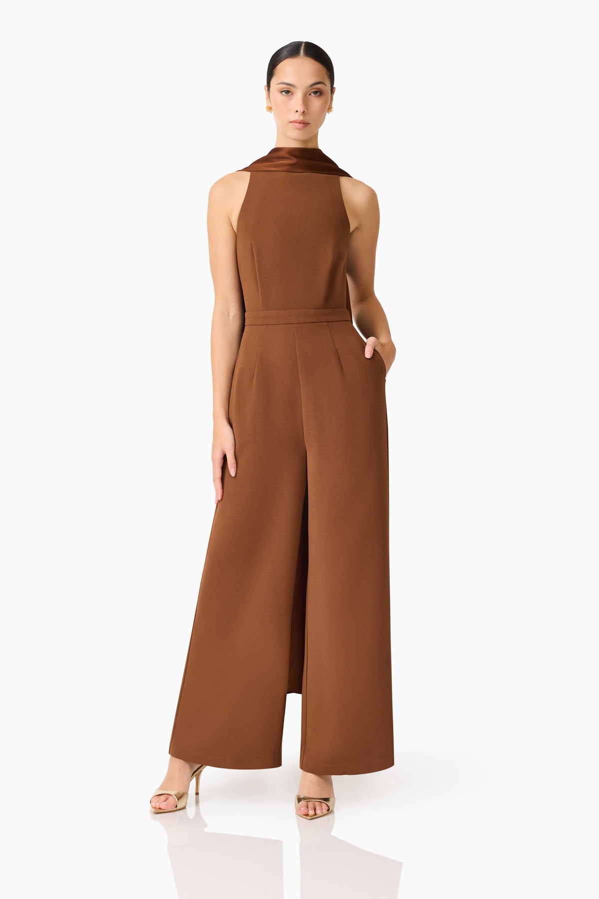 Elliatt Anaya wide-leg mocha brown jumpsuit, stylish dress with flowing fabric and wide-leg design, front view.