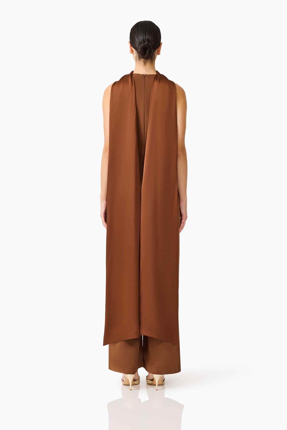 Elliatt Anaya wide-leg mocha brown jumpsuit with a sleeveless dress design, featuring a fitted waist and flowing wide-leg pants.