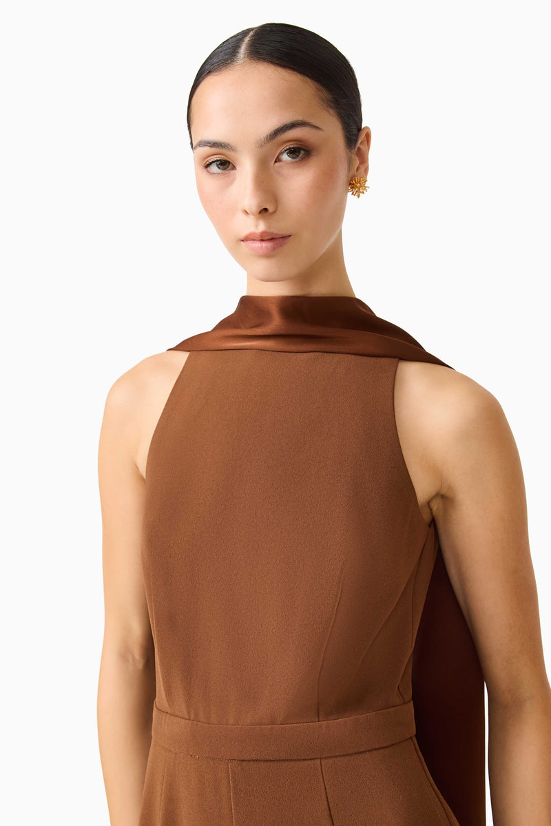 Elliatt Anaya wide-leg mocha brown jumpsuit dress with a relaxed fit and stylish design, shown on a model.