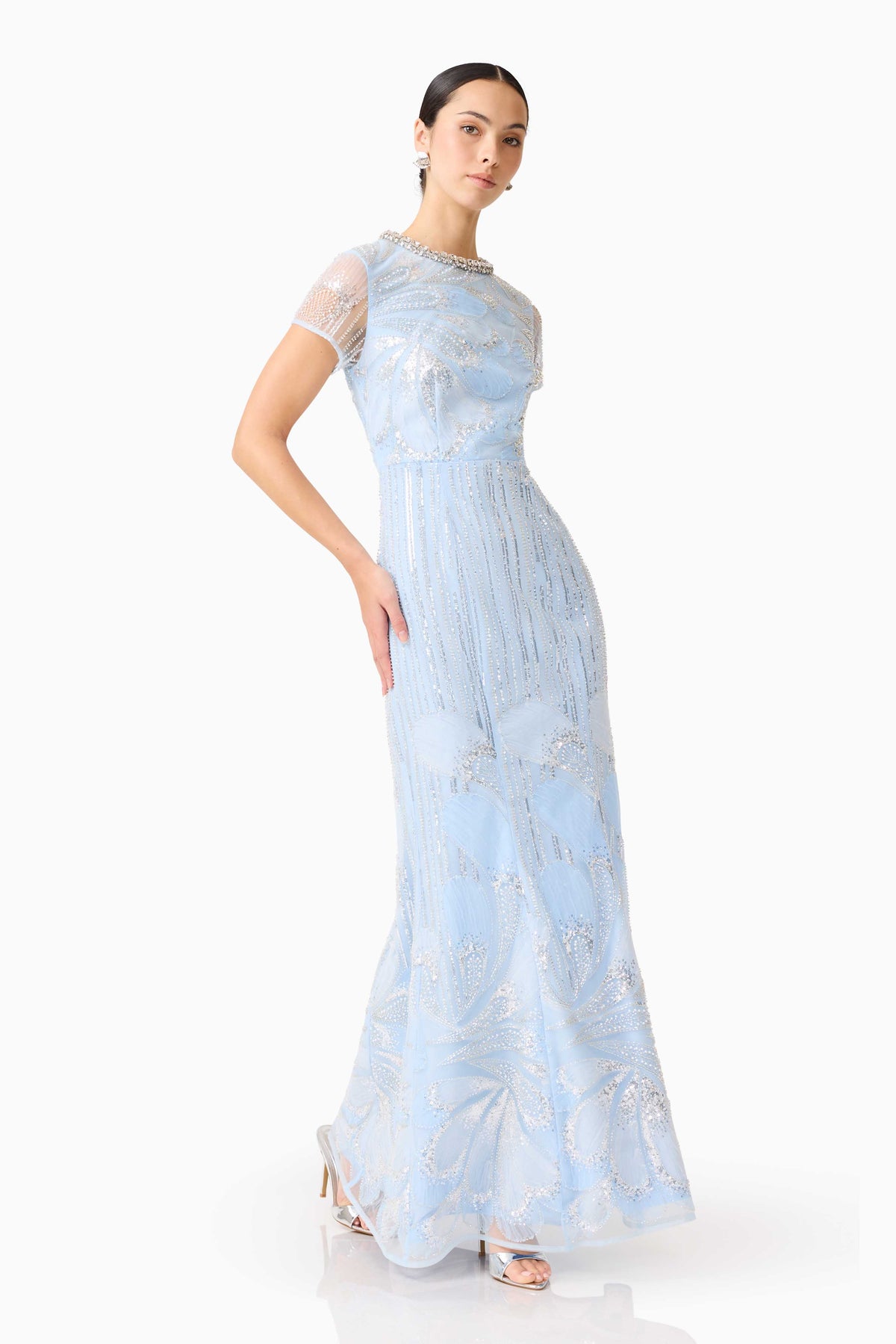 Blue Elliatt Anabelle Cap Sleeve Gown dress with elegant cap sleeves and flowing fabric, perfect for formal occasions.
