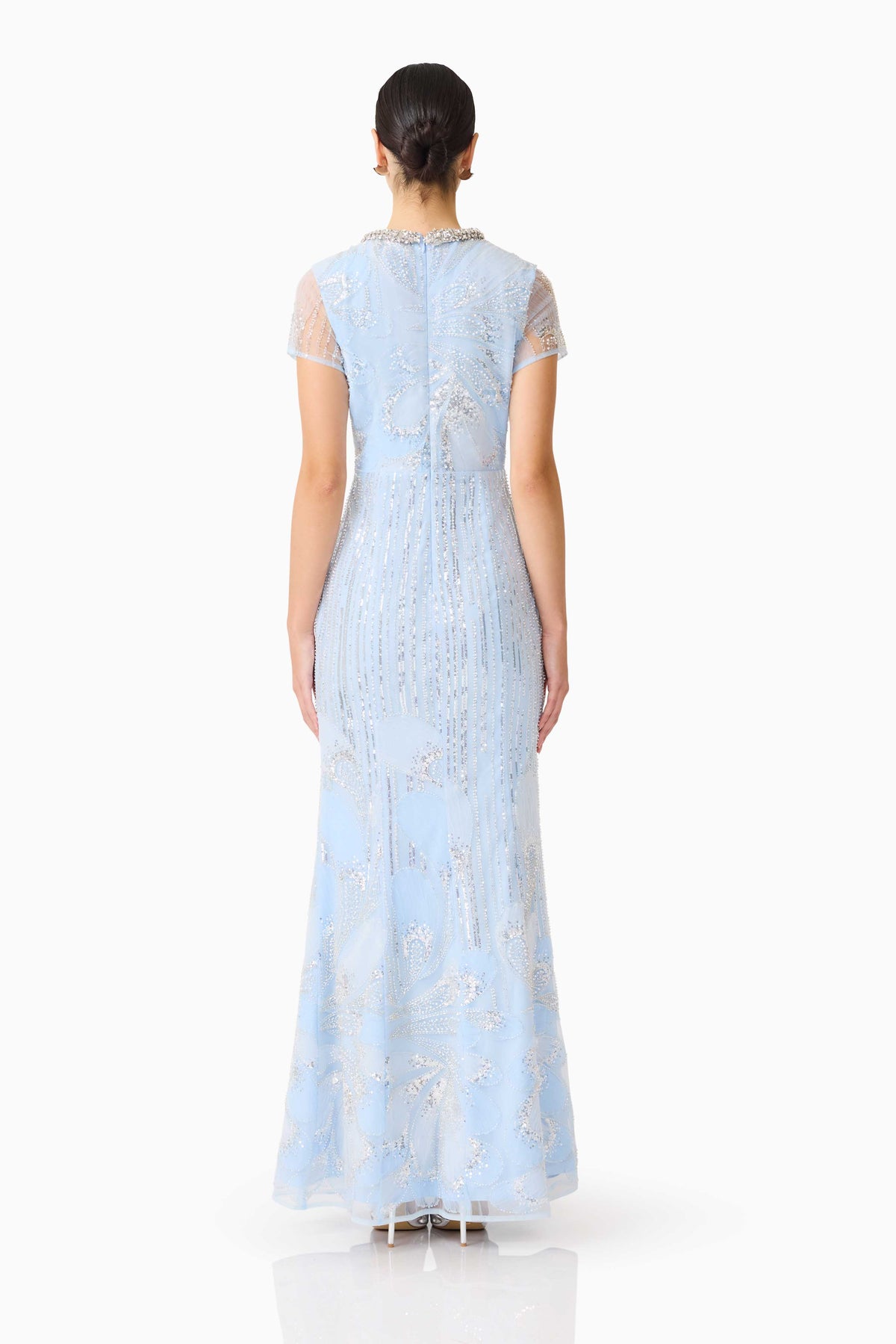 Blue Elliatt Anabelle cap sleeve gown dress with elegant flowy fabric and fitted bodice, perfect for formal occasions.