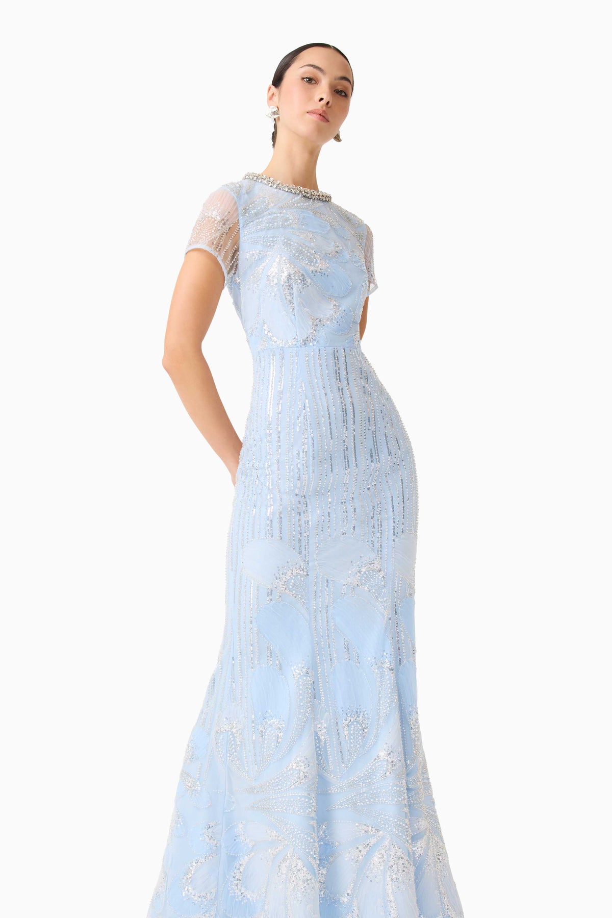 Blue Elliatt Anabelle cap sleeve gown dress with elegant design, featuring a flowing silhouette and stylish neckline.
