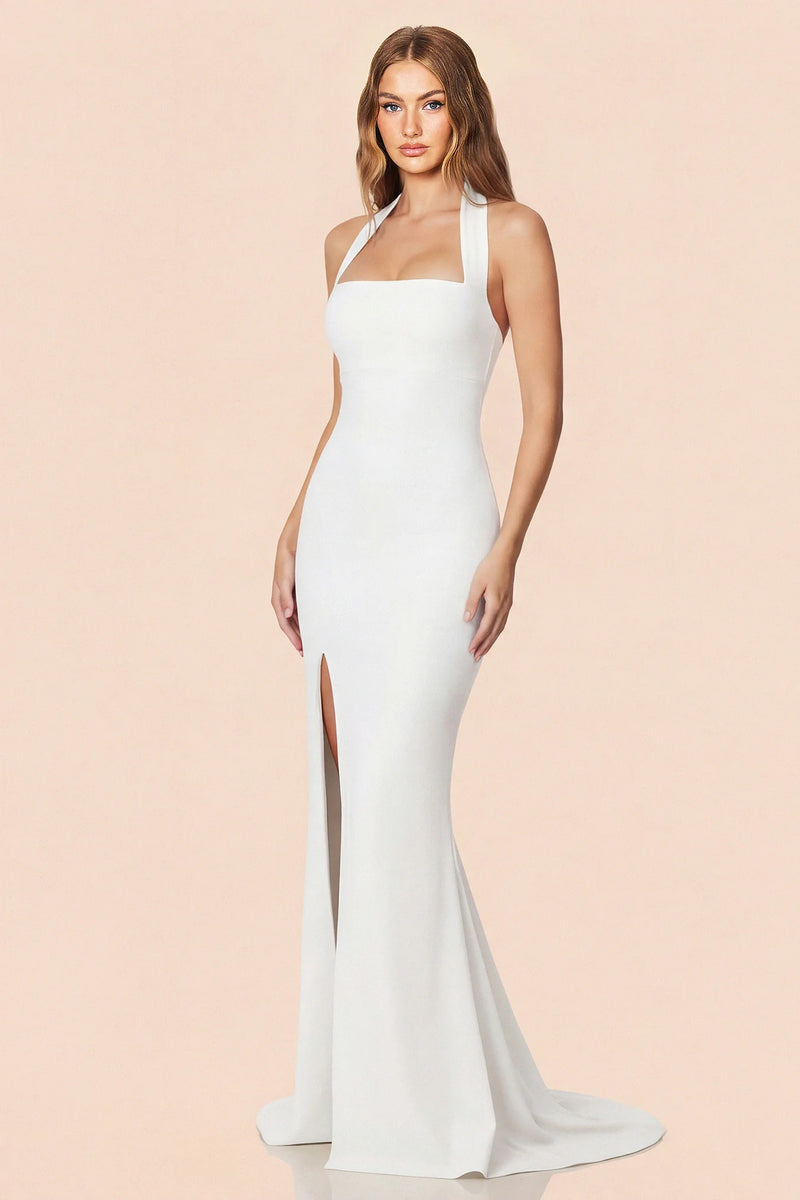 White Boulevard gown dress by Nookie, featuring a flowing silhouette and elegant design, shown in a detailed product image.