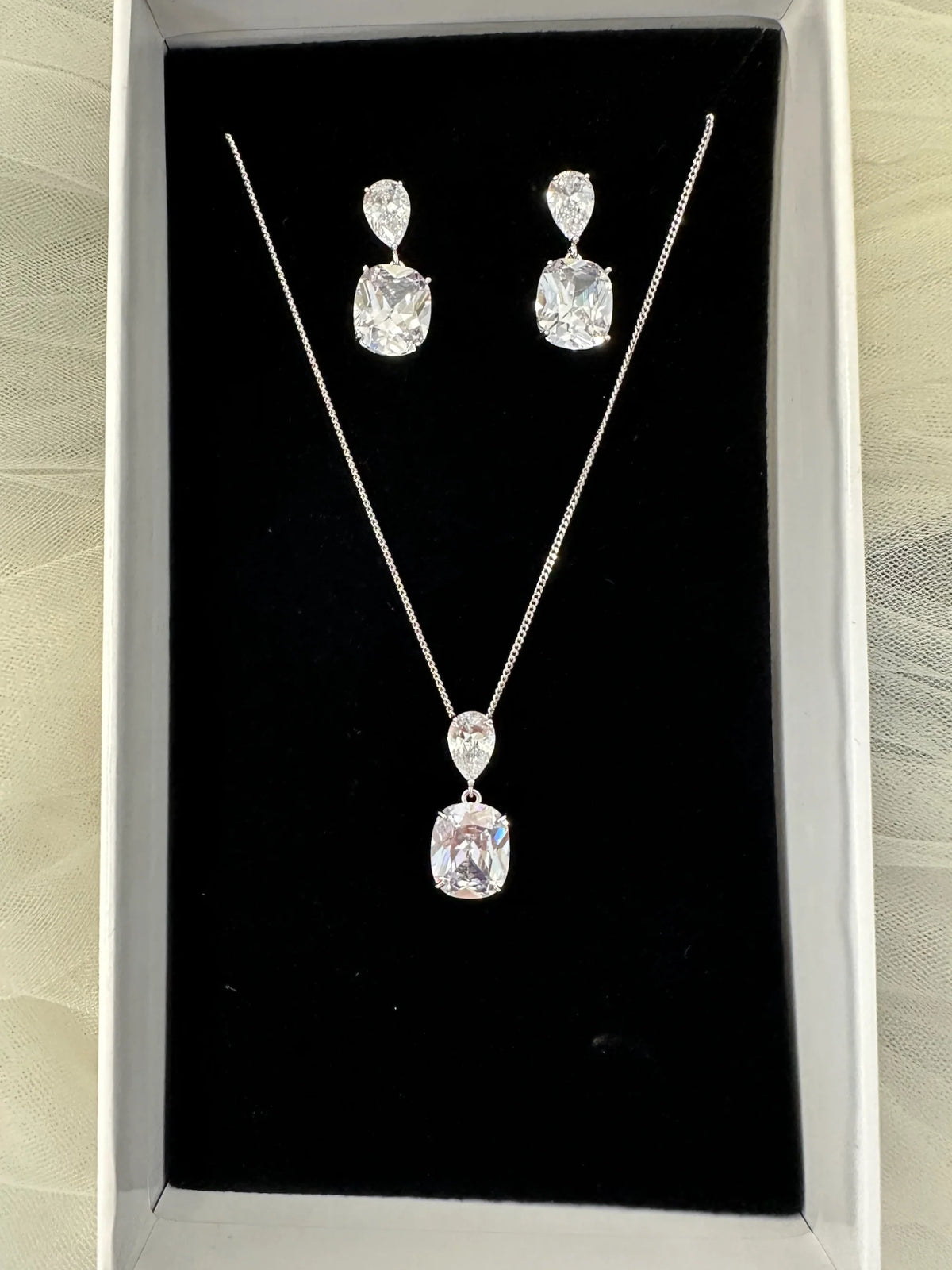 Elegant Cordelia necklace and earring set by Windsor Bridal Jewellery, featuring intricate design and sparkling details for special occasions.