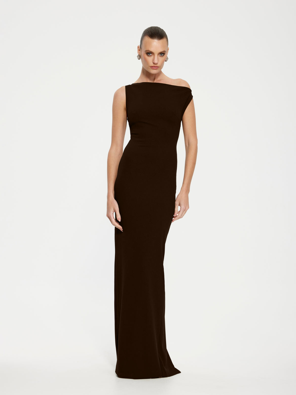 Effie Kats Inaya Gown in coffee color, elegant dress with flowing fabric and intricate detailing, perfect for formal occasions.