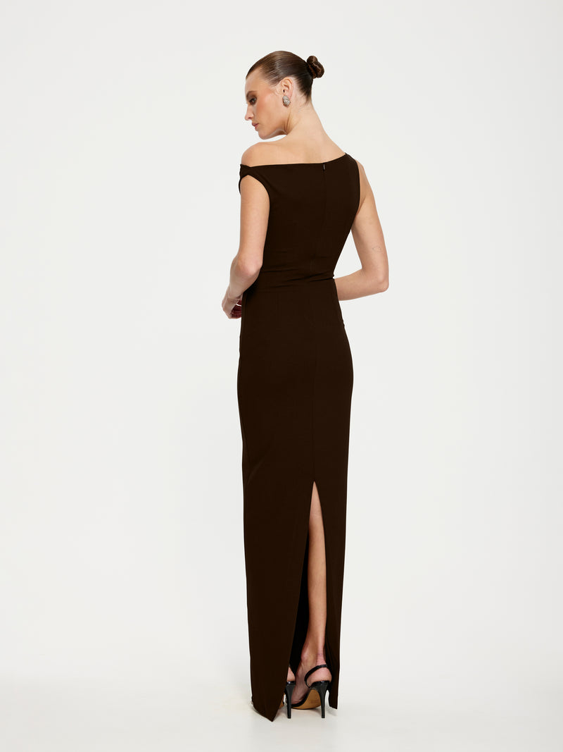 Effie Kats Inaya Gown in coffee color, elegant dress with flowing fabric and intricate detailing, suitable for formal occasions.