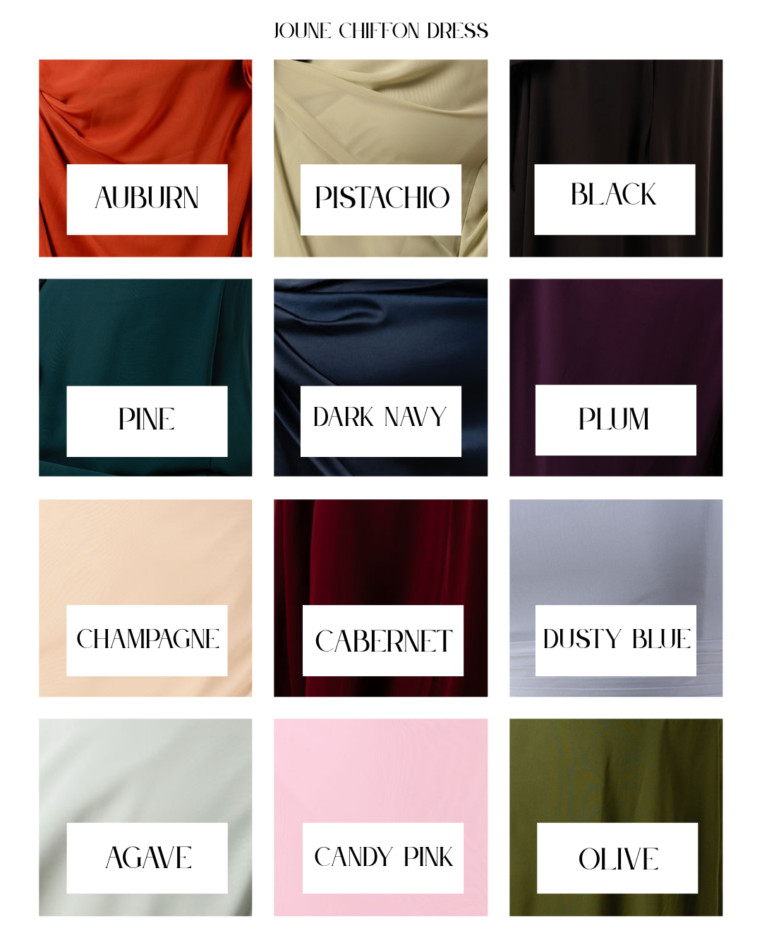 JOUNE Mila chiffon bridesmaid dress in soft fabric, featuring a flowy silhouette and elegant design, shown in a fabric swatch.