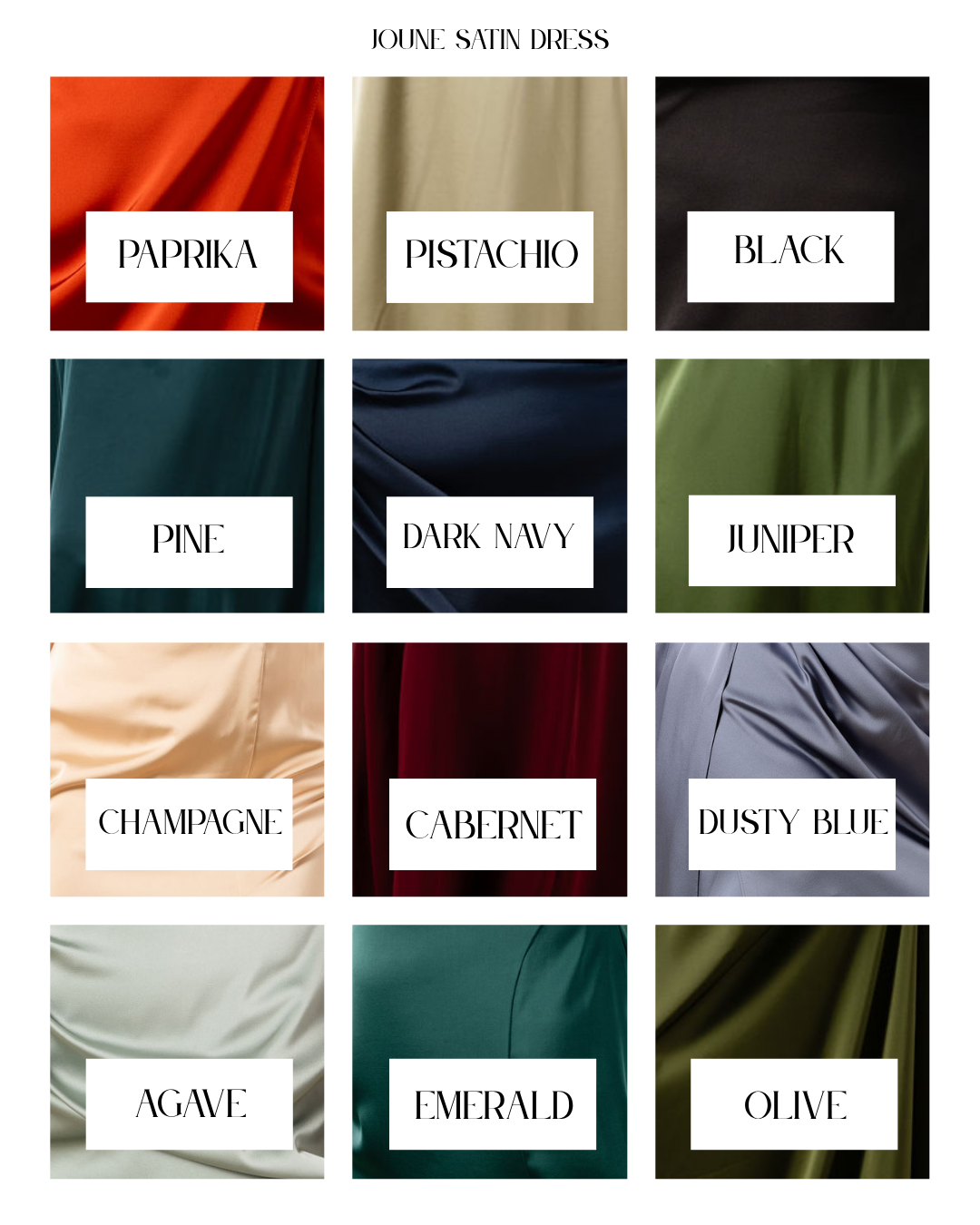 JOUNE Billie satin dress swatch showing smooth, shiny fabric in a stylish, elegant design suitable for formal occasions.