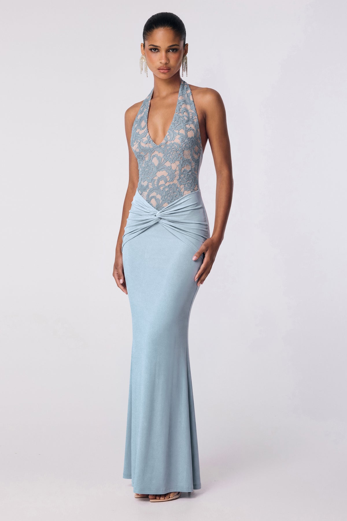 Nookie Lennox halter maxi gown in Aspen blue with floor-length silhouette