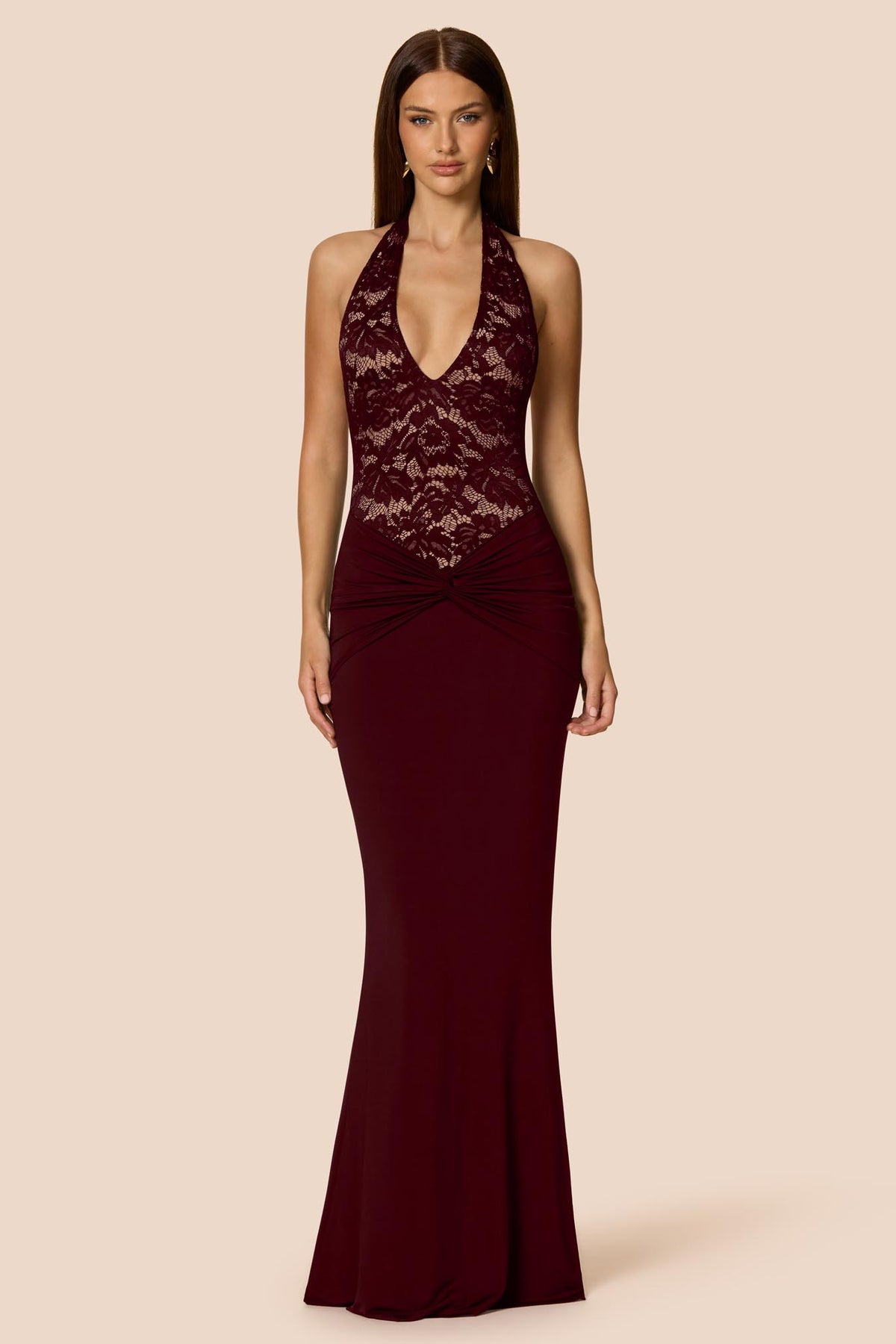 Nookie Lennox halter gown in wine color, elegant dress with a fitted silhouette and stylish halter neckline.