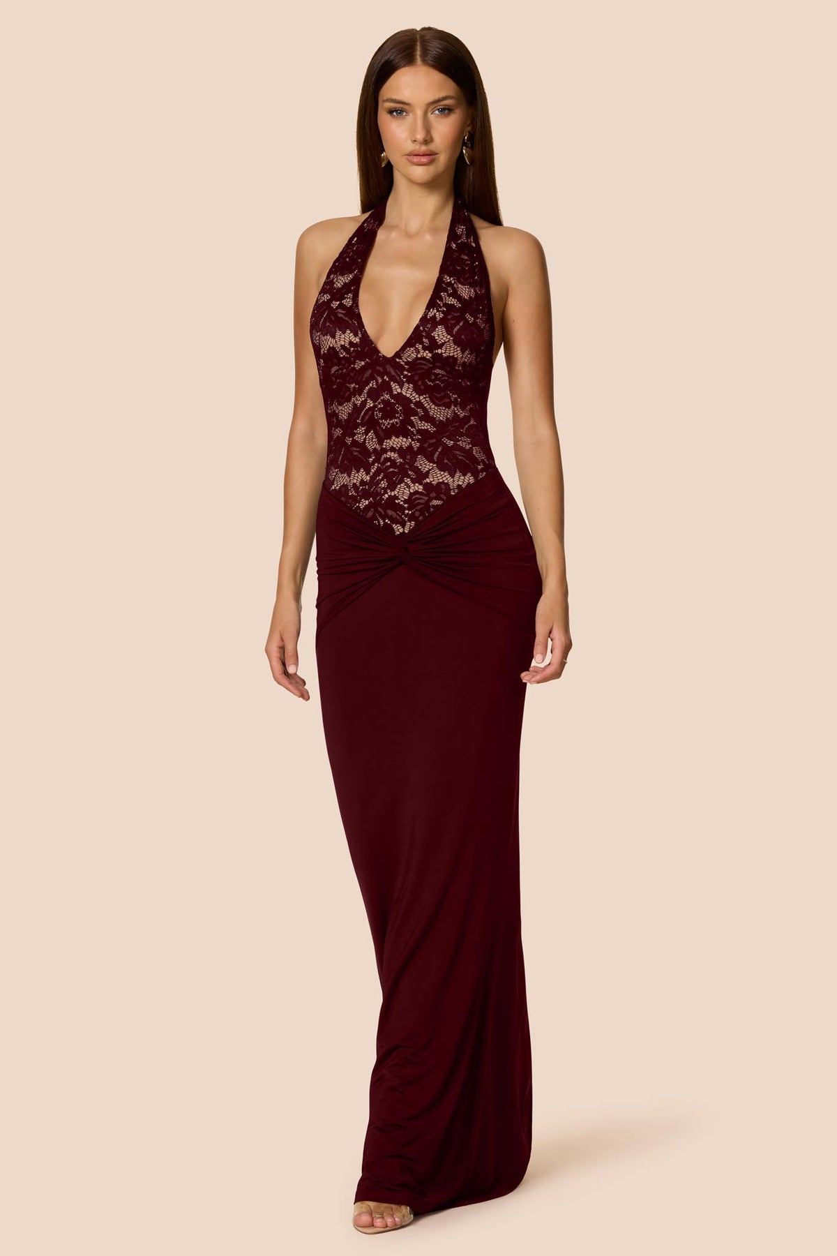 Nookie Lennox halter gown in wine color, stylish dress with a flattering fit, perfect for elegant occasions.