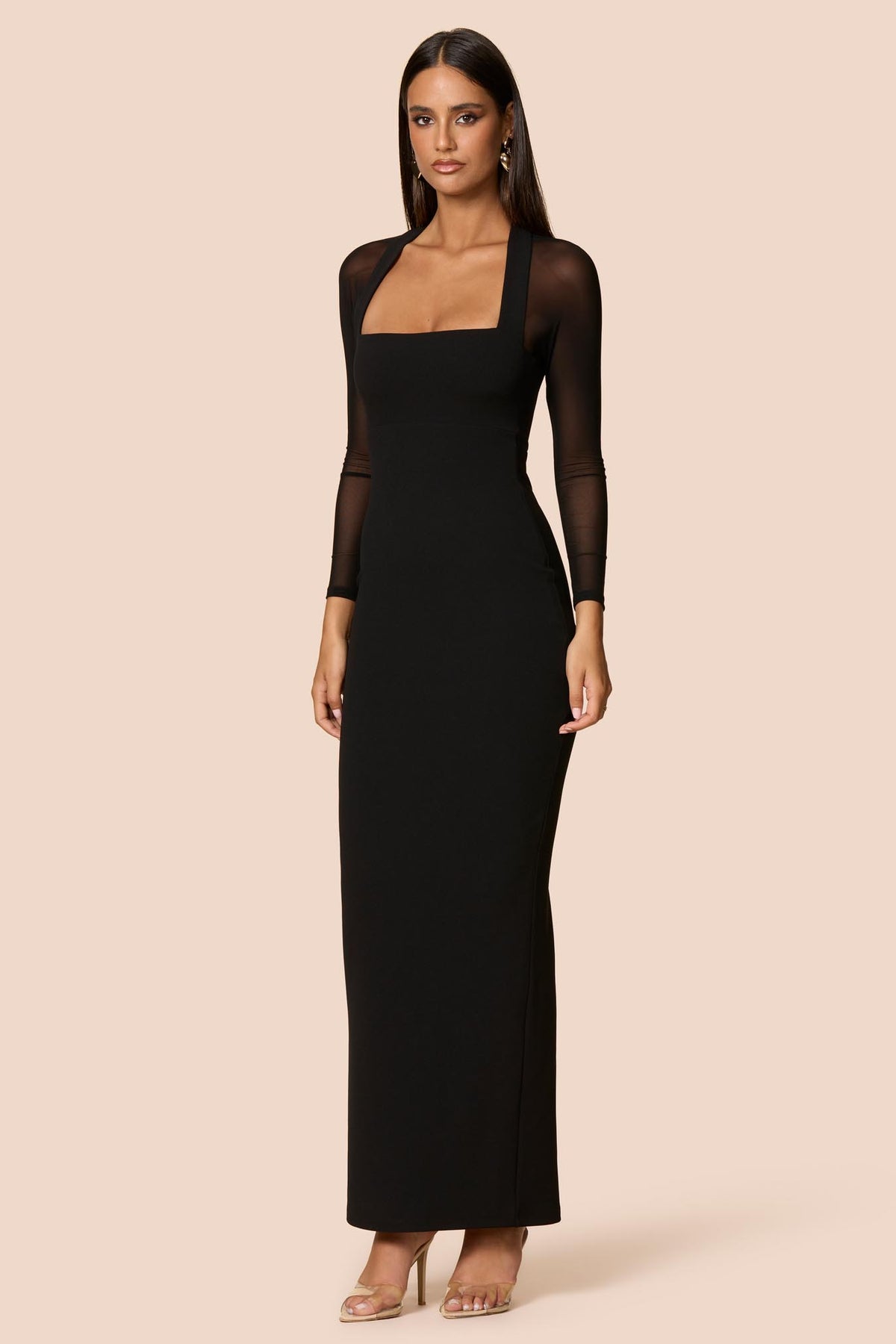 Nookie Amore Mesh Maxi Black dress featuring sheer black mesh fabric and a flowing, elegant design.
