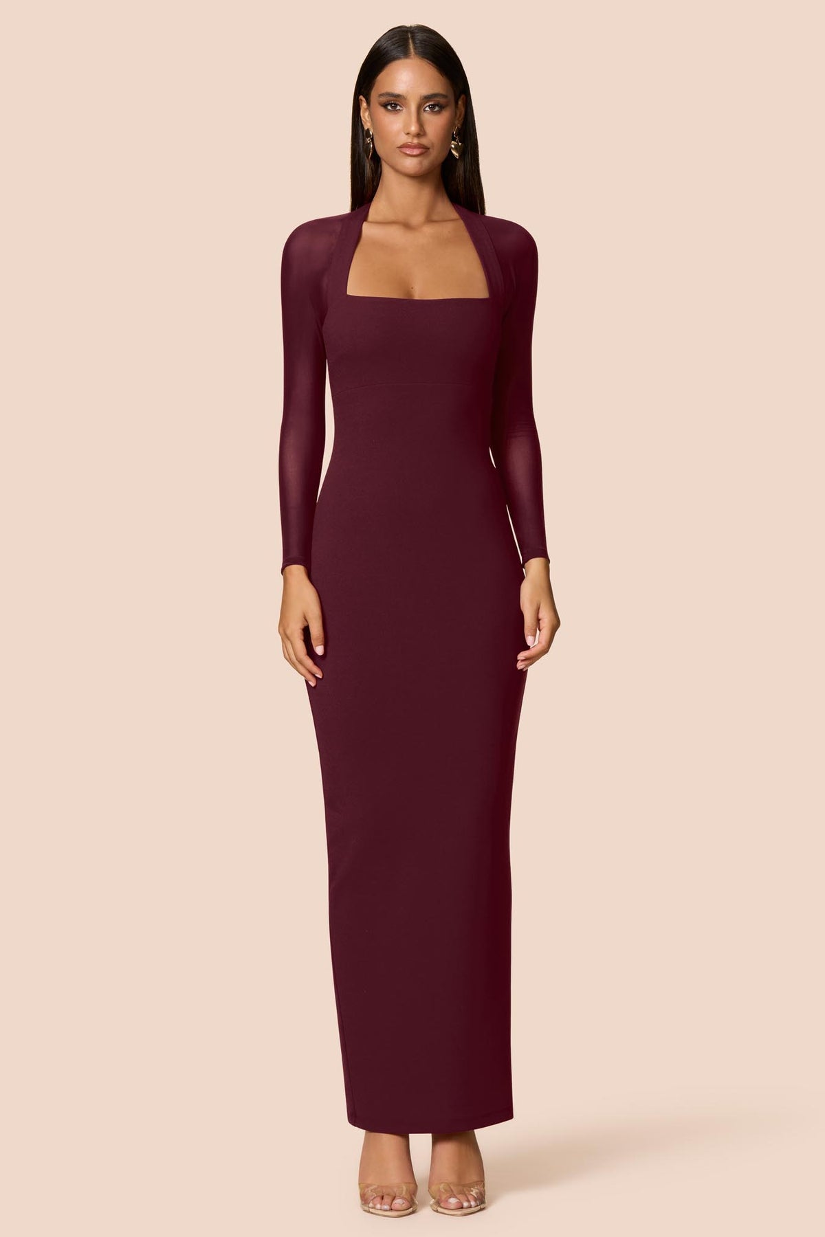 Nookie Amore Mesh Maxi Wine Dress with flowing silhouette and sheer mesh fabric, perfect for elegant evening wear.
