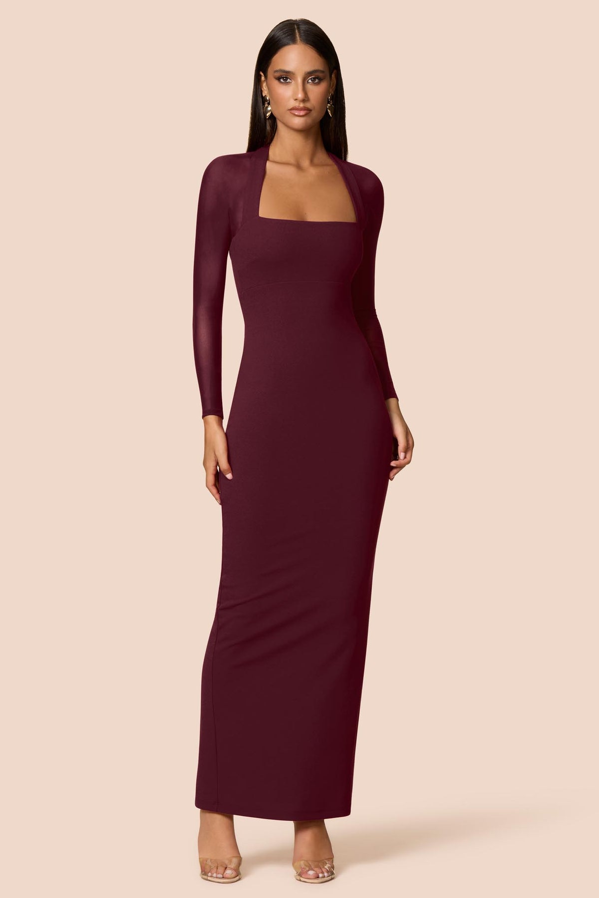 Nookie Amore Mesh Maxi Wine Dress featuring a flowing mesh design and elegant silhouette for stylish occasions.