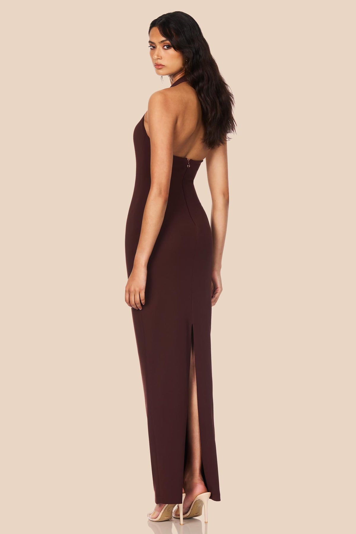 Nookie Natalia Halter Maxi Dress in rich chocolate color, flowing fabric with halter neckline and elegant maxi length.