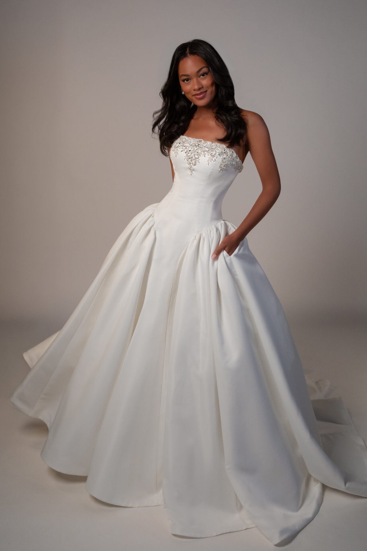 Stella York Mawson wedding gown with lace bodice and flowing skirt, elegant bridal dress for December wedding.