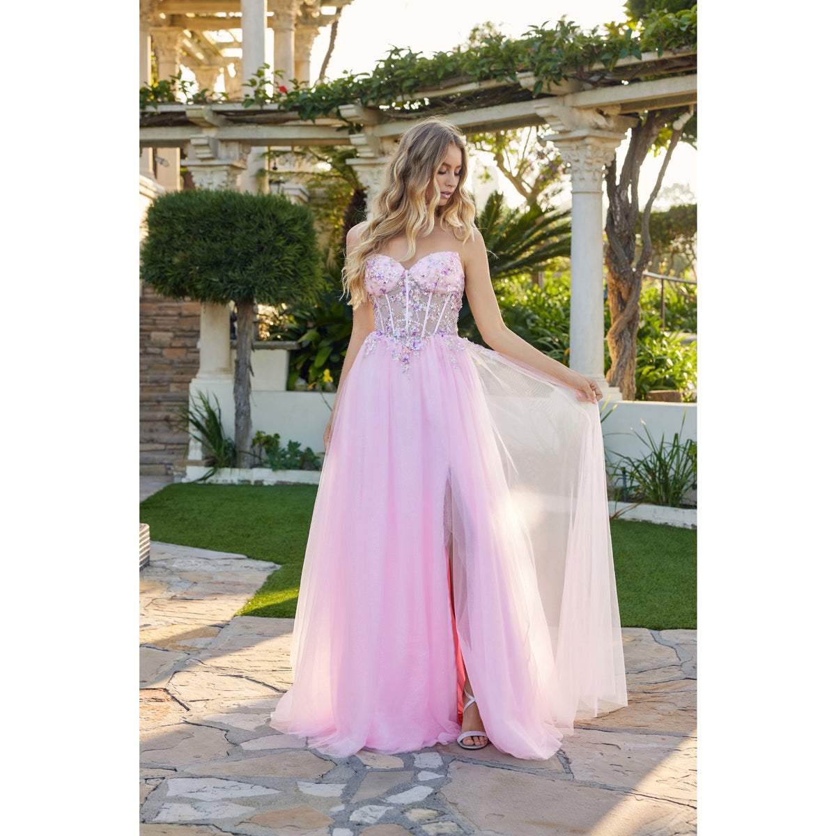 Juliet Lauren floral gown dress with matching choker, featuring a vibrant floral pattern and elegant design.