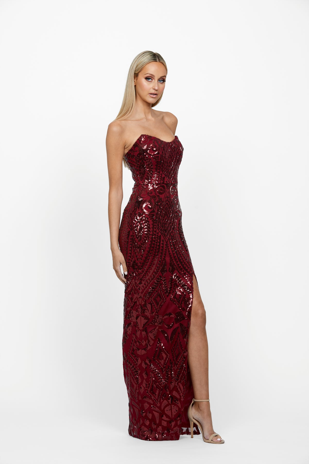 bariano red sequin dress SOFT GLAMOUR 97% Polyester 3% Spandex Colours may vary depending on individual computer screens and dye lot Red dress, warm lights, and