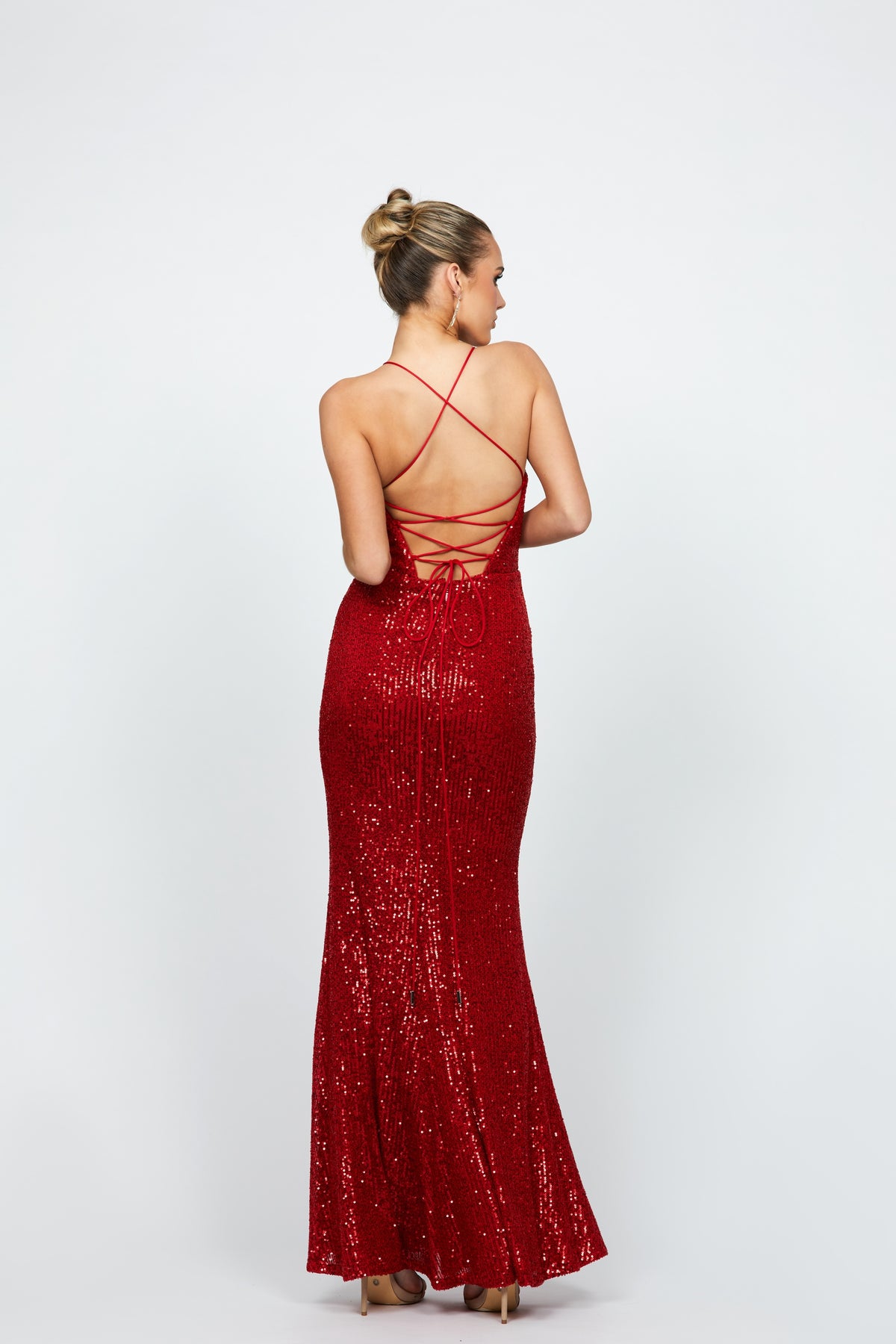 bariano red sequin dress Evanie Draped Off Shoulder Gown | Concealed zipper Bariano Australia Red Sequin Floor