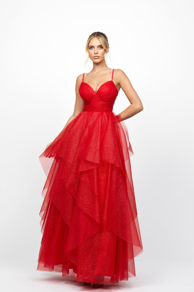 Solenne Tiered Ball Gown Red - Dress - Bariano