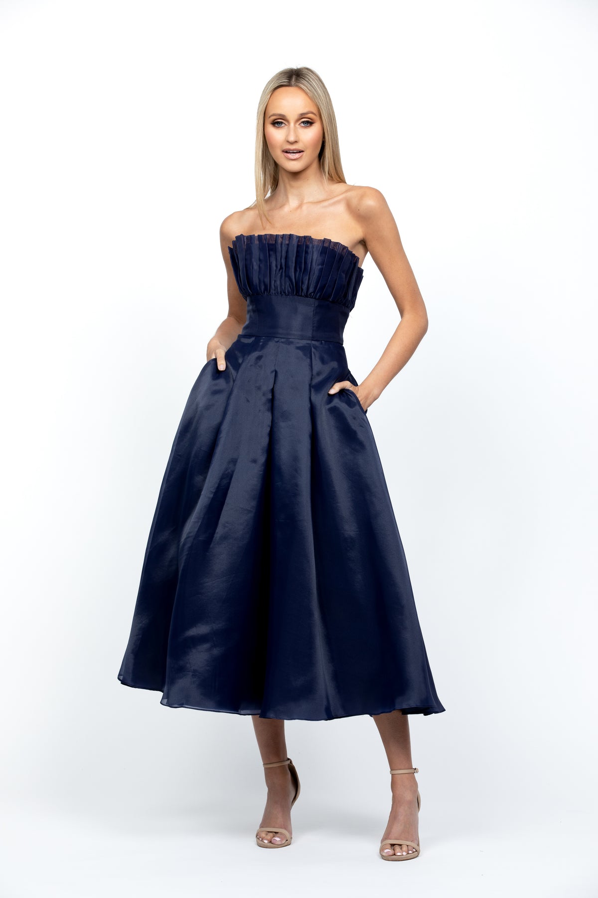 Itzi Ruffled Tea Length Midi 12 Navy - Dress - Bariano