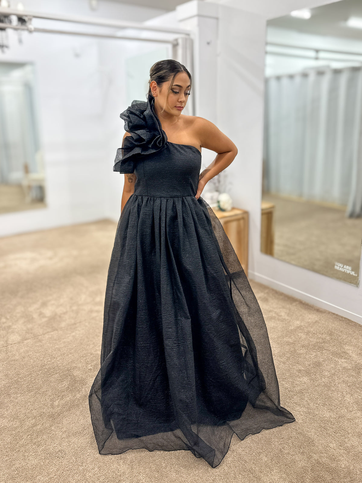 Corena One Shoulder Ruffle Ball Gown | Bariano | Honey Fawn Boutique Corena One Shoulder Ruffle Ball Gown | Bariano | Honey Fawn Boutique