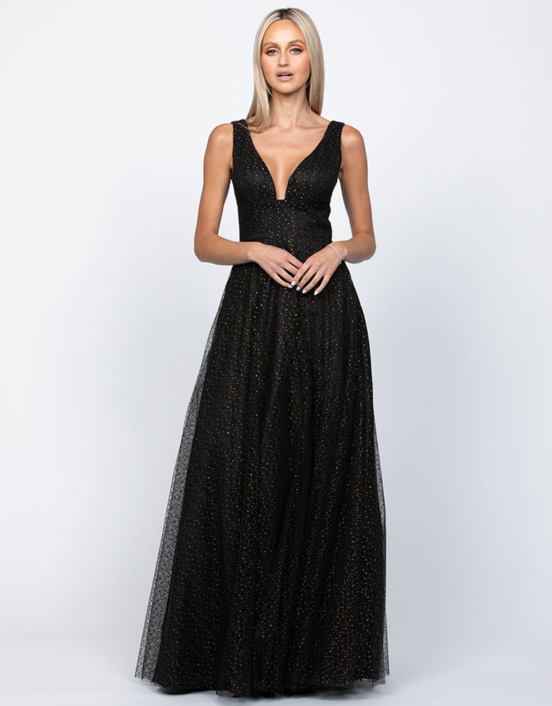 Zayna Plunge Neckline Ball Gown 12 Black - Dress - Bariano
