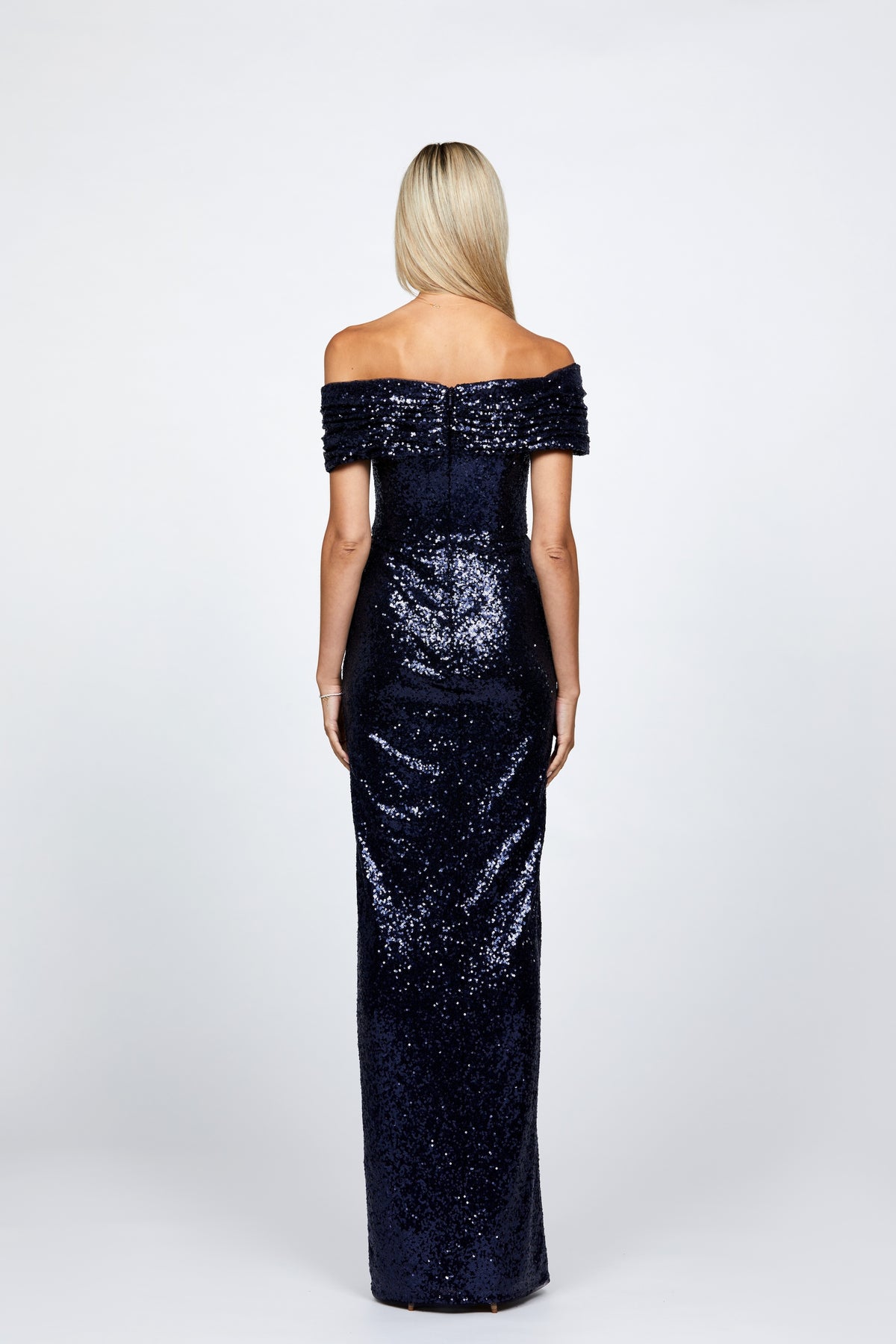 Evanie Draped Off Shoulder Sequin Gown - Dress - Bariano